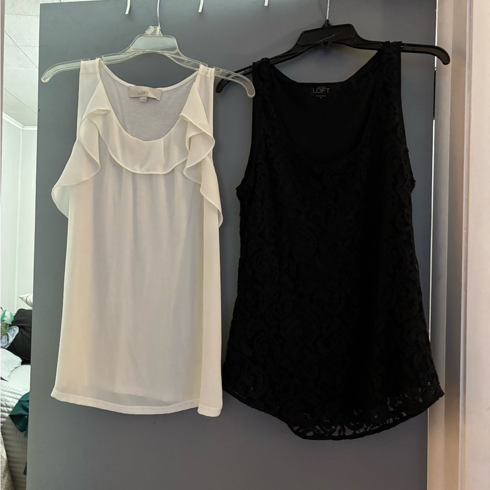 LOFT White Ruffle Blouse and Black Lace Top